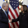 Vice President Kamala Harris, right, shakes hands with Israeli Prime Minister Benjamin Netanyahu before a meeting at the Eisenhower Executive Office Building on the White House complex in Washington.