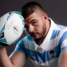 Enrique Pieretto posing in his Argentinian kit at the 2019 Rugby World Cup.