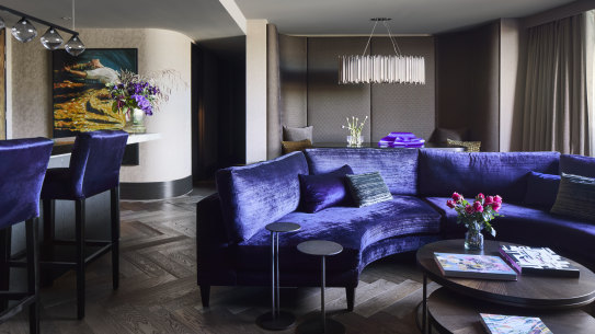 “The semicircular sofa splits in the centre and is designed to flip around and face the dining area, leaving a dance floor in the middle for party time,” says Larissa.