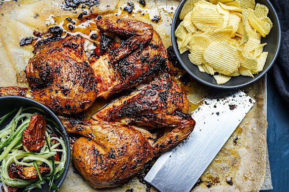 Katrina Meynink’s piri piri butterflied chicken and chips.