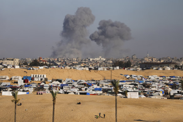 Smoke rises following an Israeli airstrike in Rafah’s east.