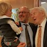 Then the laughing starts ... Tim Flannery with son Coleby and David Attenborough.
