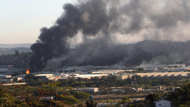 A building burns near Durban, South Africa.