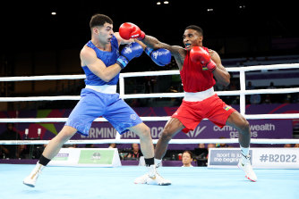 Taha Ahmad during his loss to two-time Olympian Merven Clare in Birmingham on Tuesday.