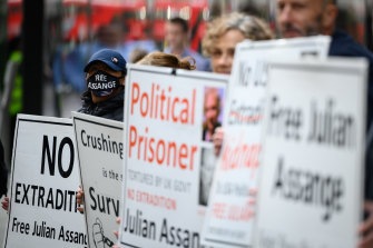Supporters of Julian Assange outside London’s Old Bailey during his extradition hearing.
