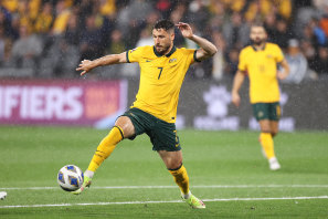 Mathew Leckie controls the ball on a wet night on Thursday.