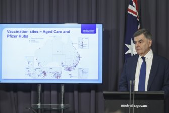 Department of Health secretary Brendan Murphy during a press conference on the COVID-19 vaccine rollout at Parliament House in Canberra in February last year. 