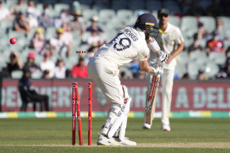 Jhye Richardson shatters the stumps of Chris Woakes in Adelaide.