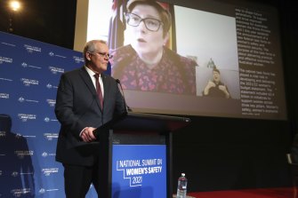 Prime Minister Scott Morrison and Minister for Women Marise Payne on the screen, during the National Summit on Womenâ€™s Safety.