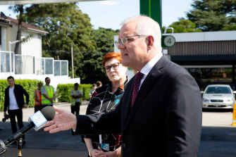 Marise Payne and Scott Morrison hold a press conference at a BP Service Station in Mortdale, Sydney, on April 5.