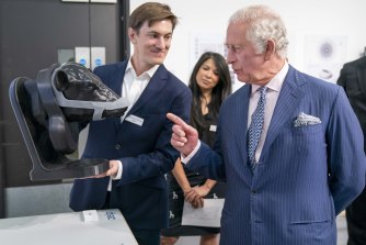 Prince Charles at the launch of the cow methane masks on Wednesday, at Royal College of Art Dyson Building, Battersea.