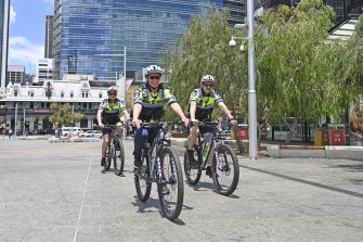 A police bicycle patrol in Yagan Square in Perth’s CBD.