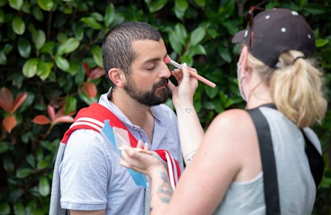 Rahel Romahn has make-up applied for a scene in <i>Here Out West,/i>. 