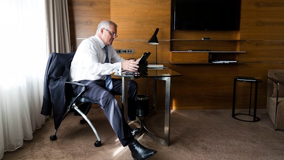 Prime Minister Scott Morrison in his Brisbane hotel room.