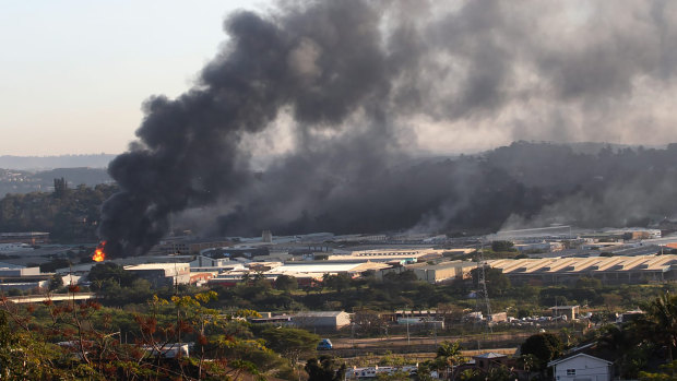 A building burns near Durban, South Africa.