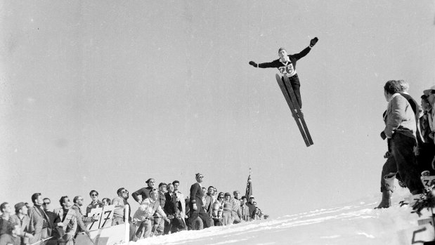Skiing skills in 1953 win admiration at Mount Kosciuszko, part of an area that offered 'scope for snow sport comparable with the finest skiing terrain of Europe and America'.