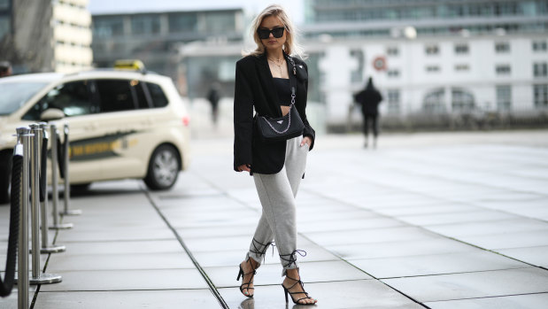 A blazer, fancy shoes and trackpants equals instant 'biz-leisure' dressing.
