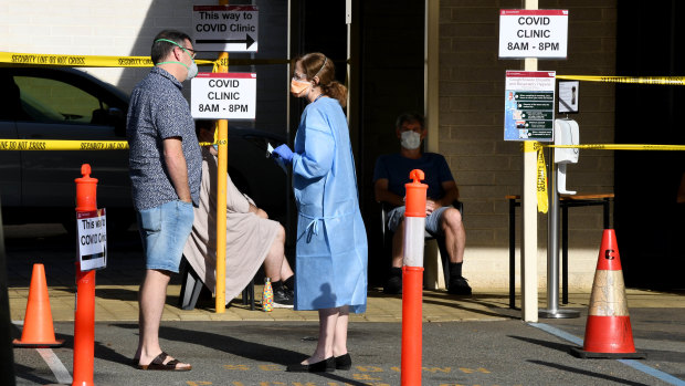 Patients outside the COVID-19 fever clinic at Sir Charles Gairdner hospital.