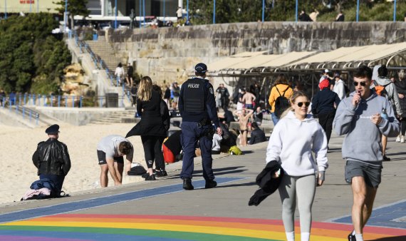 Police patrolling Coogee Beach on Saturday morning.