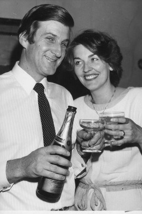 Jeff and Felicity Kennett celebrate the first time he was elected to the leadership of the Victorian Liberals in 1982.