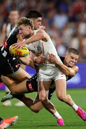 Brayden Maynard, pictured here laying a tackle on Braeden Campbell with teammate Lachlan Sullivan, had a standout game.