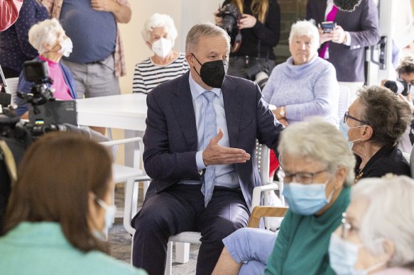 Anthony Albanese campaigning at a Nowra nursing home on Thursday.