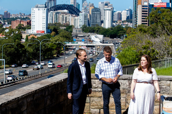 Minister for Transport and Roads Andrew Constance, Member for North Shore Felicity Wilson and Member for Manly James Griffin marking the start of work on the Warringah Freeway upgrade on Sunday. 