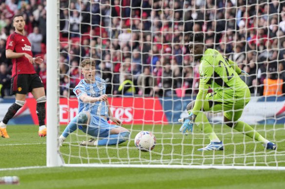 Coventry City’s Victor Torp Overgaard scores what appeared to be a remarkable winner in the final minute of extra time, only to see the goal ruled out by VAR.