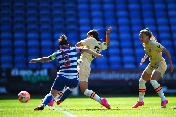 Sam Kerr of Chelsea scores the team’s third goal against Reading during the FA Women’s Super League match.