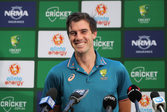 Pat Cummins addresses the media at Perth Stadium on Tuesday ahead of the first Test against the West Indies.