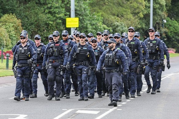 Police outside Government House prior to Herzog’s arrival earlier this afternoon. 