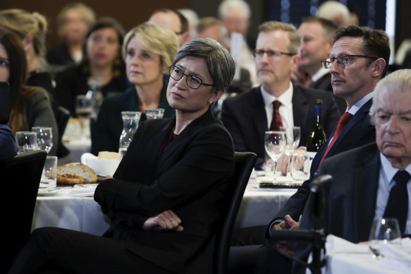 Senator Penny Wong and MP Stephen Jones during Opposition Leader Anthony Albanese's address to the National Press Club on Friday.