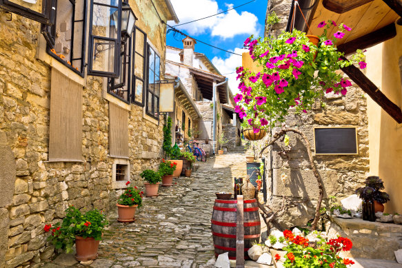 An old stone street in the city of Hum, Croatia.