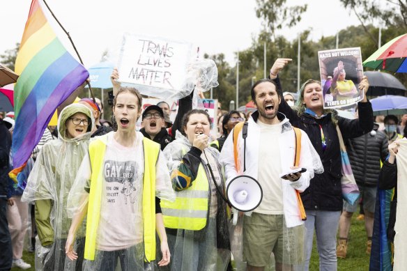 Trans rights activists demonstrating at Parliament House in Canberra on March 23.