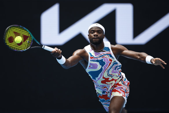 Frances Tiafoe in psychedelic garb in his first-round match against Daniel Altmaier. You won’t see this at Wimbledon.