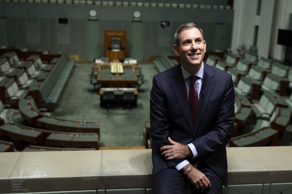 Treasurer Jim Chalmers between television interviews at Parliament House in Canberra on Sunday.