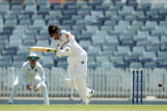 Teague Wyllie of the Warriors  bats	during the Sheffield Shield match between WA and NSW at the WACA grounds on Tuesday.