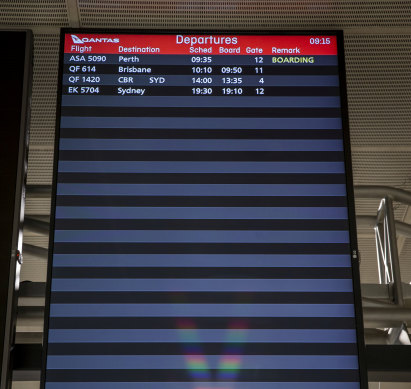 The departures screen at Melbourne Airport on Wednesday morning.