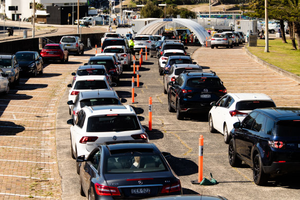 Drive-through COVID-19 testing was at full capacity at Bondi Beach on Monday morning.