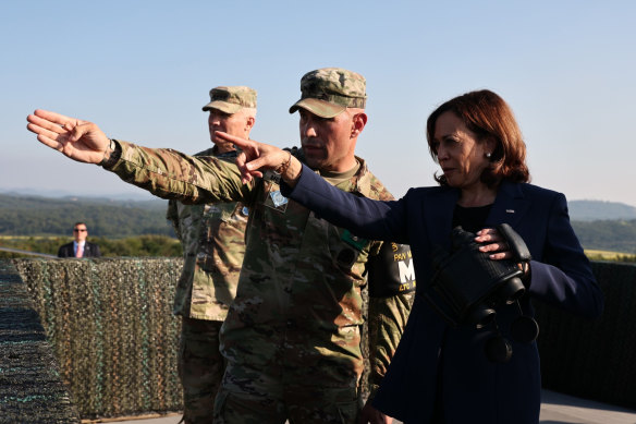 US Vice President Kamala Harris looks towards the north side of the border between North Korea and South at the Demilitarised Zone.
