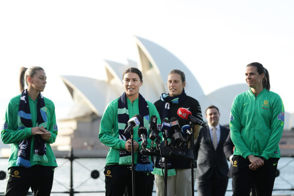 Matildas trio Alanna Kennedy, Lydia Williams and Steph Catley along with New Zealand's Rebekah Scott on Friday.