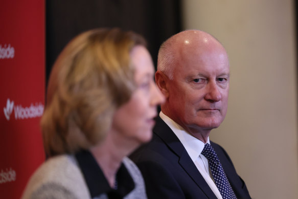 Woodside chief executive Meg O’Neill and chairman Richard Goyder speaking to the media after the company’s AGM.