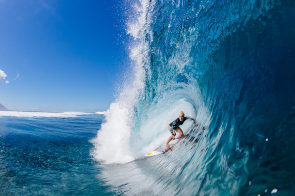 Tatiana Weston-Webb enjoys surfing at the Wall of Skulls before the start of the men-only 2019 Tahiti Pro Teahupo'o.  
