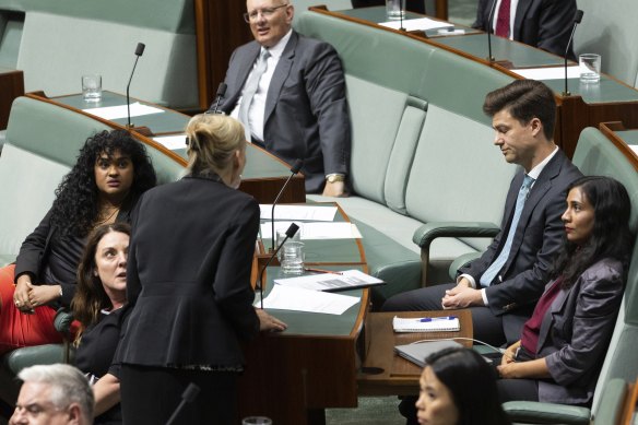 Deputy Opposition Leader Sussan Ley approached the government backbench to speak to Labor MP Sam Rae (wearing blue tie) at the end of question time. 