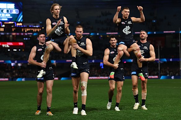 Nick Haynes and Patrick Cripps were both chaired off after their 250th games.