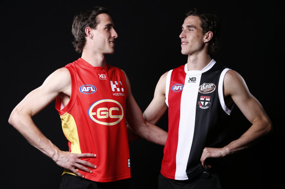 Max King (right) with twin brother Ben King, who was drafted to Gold Coast.