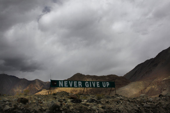 A banner erected by the Indian army stands near Pangong Tso near the India-China border in Ladakh in 2017. 