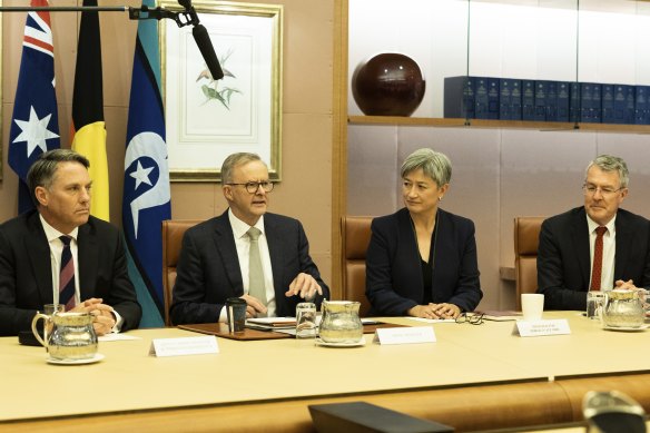 Prime Minister Anthony Albanese meets with his ministry in the cabinet room, at Parliament House in Canberra.