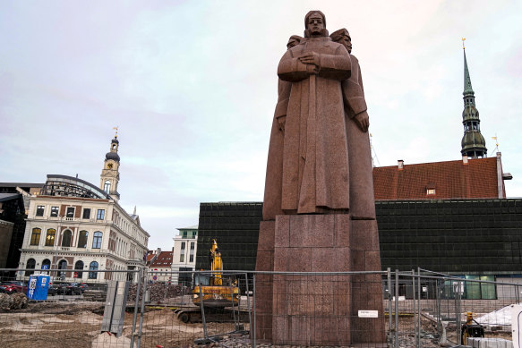 The monument of Red Latvian Riflemen stands in Riga, Latvia. To Estonians, Latvians and Lithuanians, Russia’s invasion of Ukraine has some worried that they could be the Kremlin’s next target. 