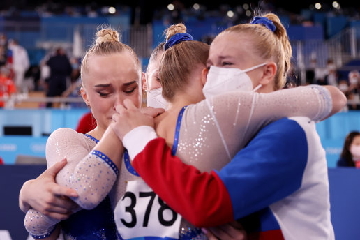  Team ROC (aka Russia) celebrates their gold medal win during the women’s team gymnastics final.